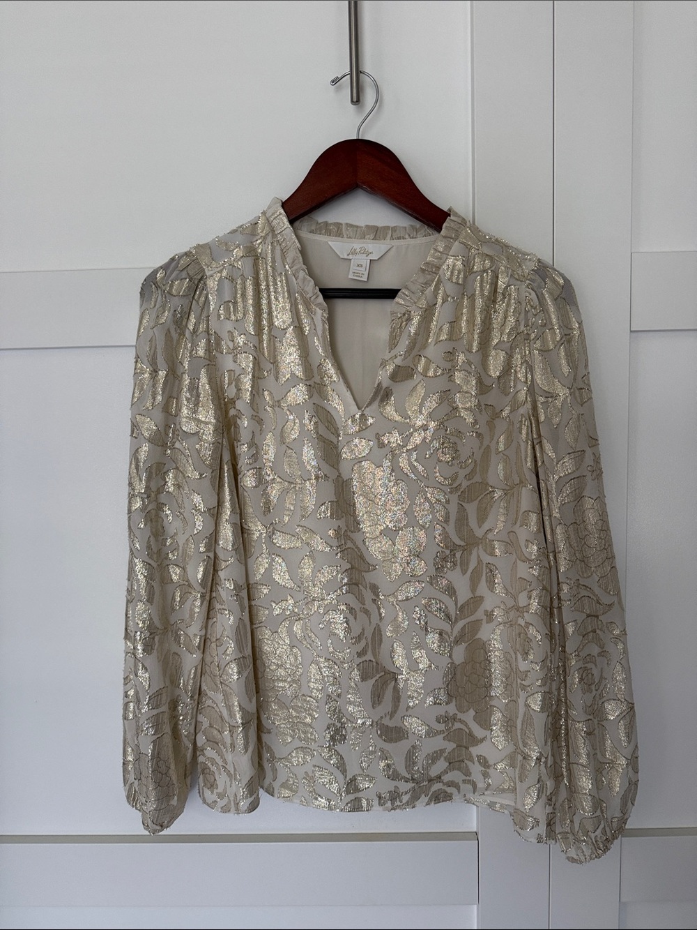 Lilly Pulitzer Metallic  Floral V-Neck Long Sleeve Blouse - Ivory/Gold